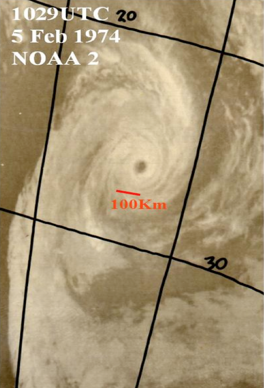 Cyclone Pam, 1974: Satellite imagery showing the eye